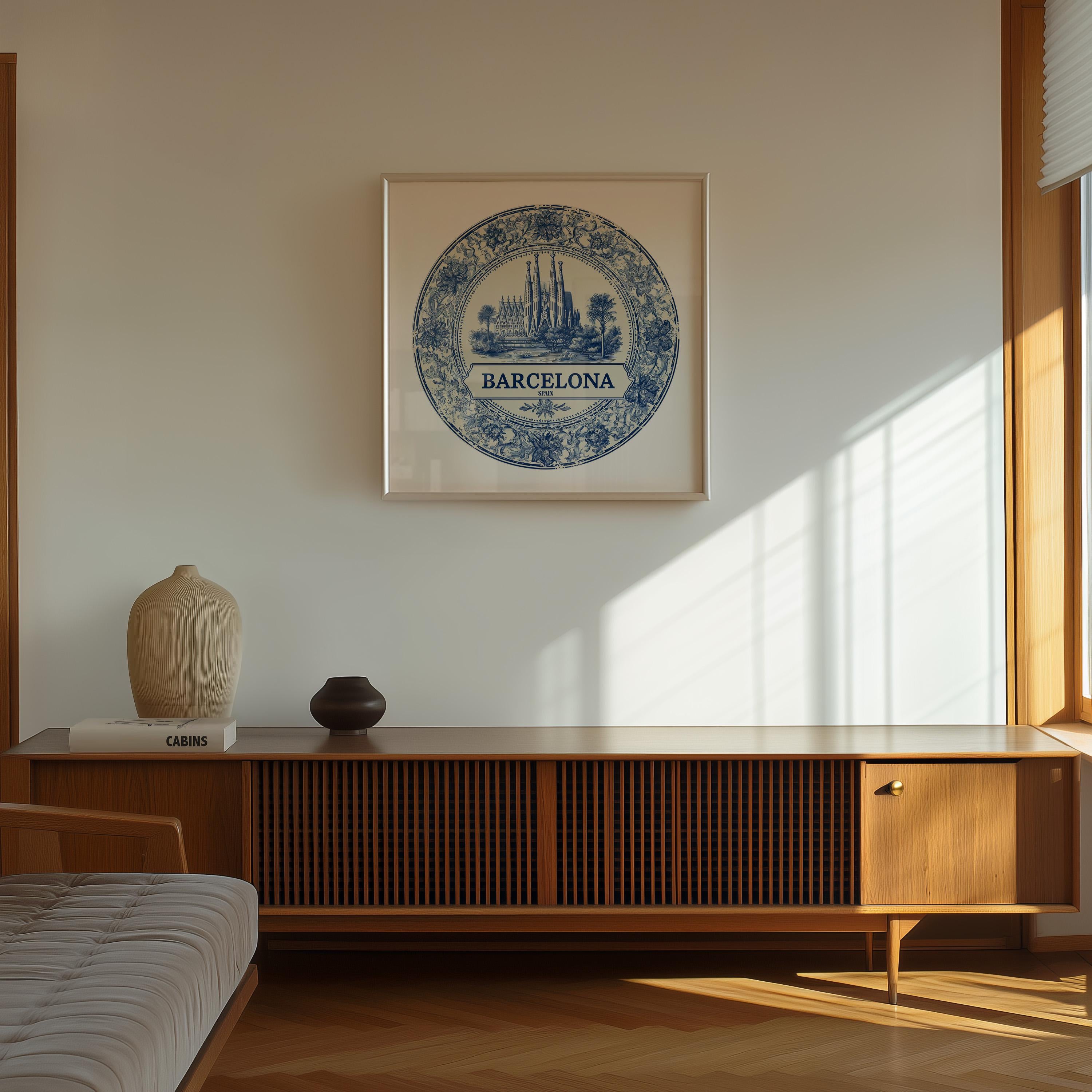 Barcelona Spain Wall Art, Vintage Delft Blue Poster, City Print, Travel Home Decor