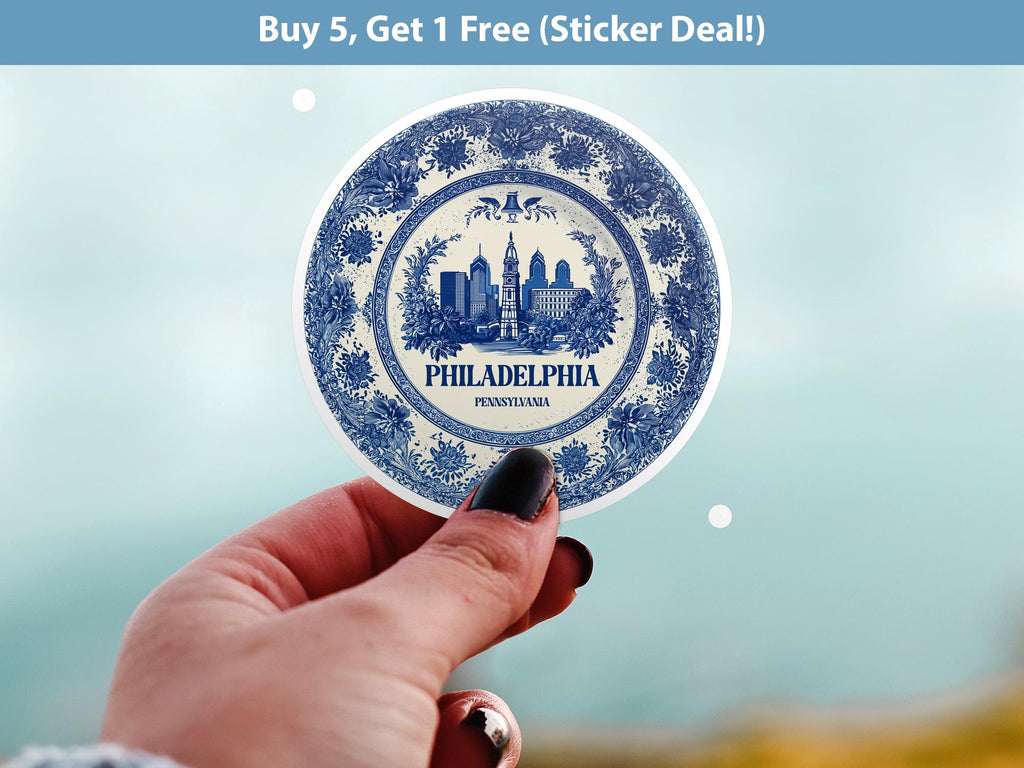 Philadelphia Pennsylvania Retro Sticker Vintage Delft style, Delftware Decal Waterproof Vinyl, Blue City Travel