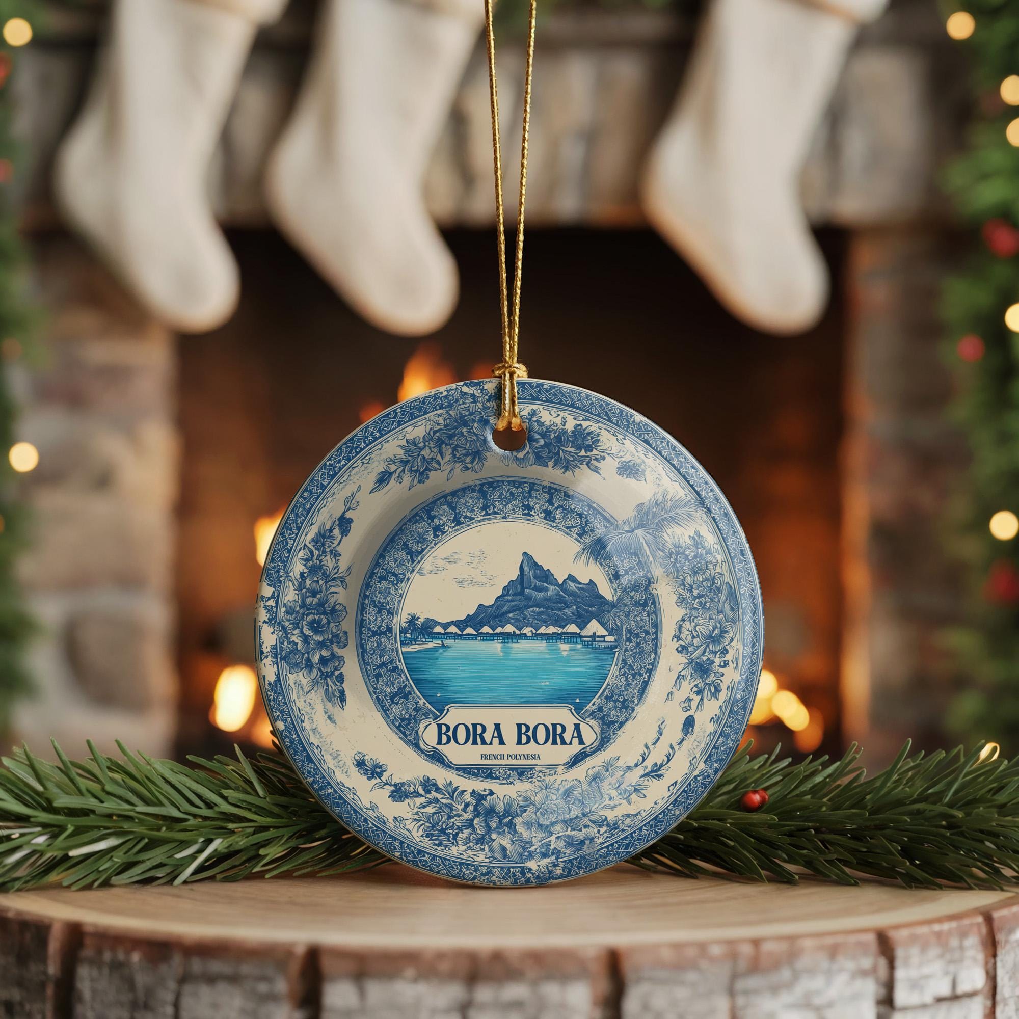 Custom Bora Bora Delftware Ceramic Ornament: French Polynesia Travel Keepsake