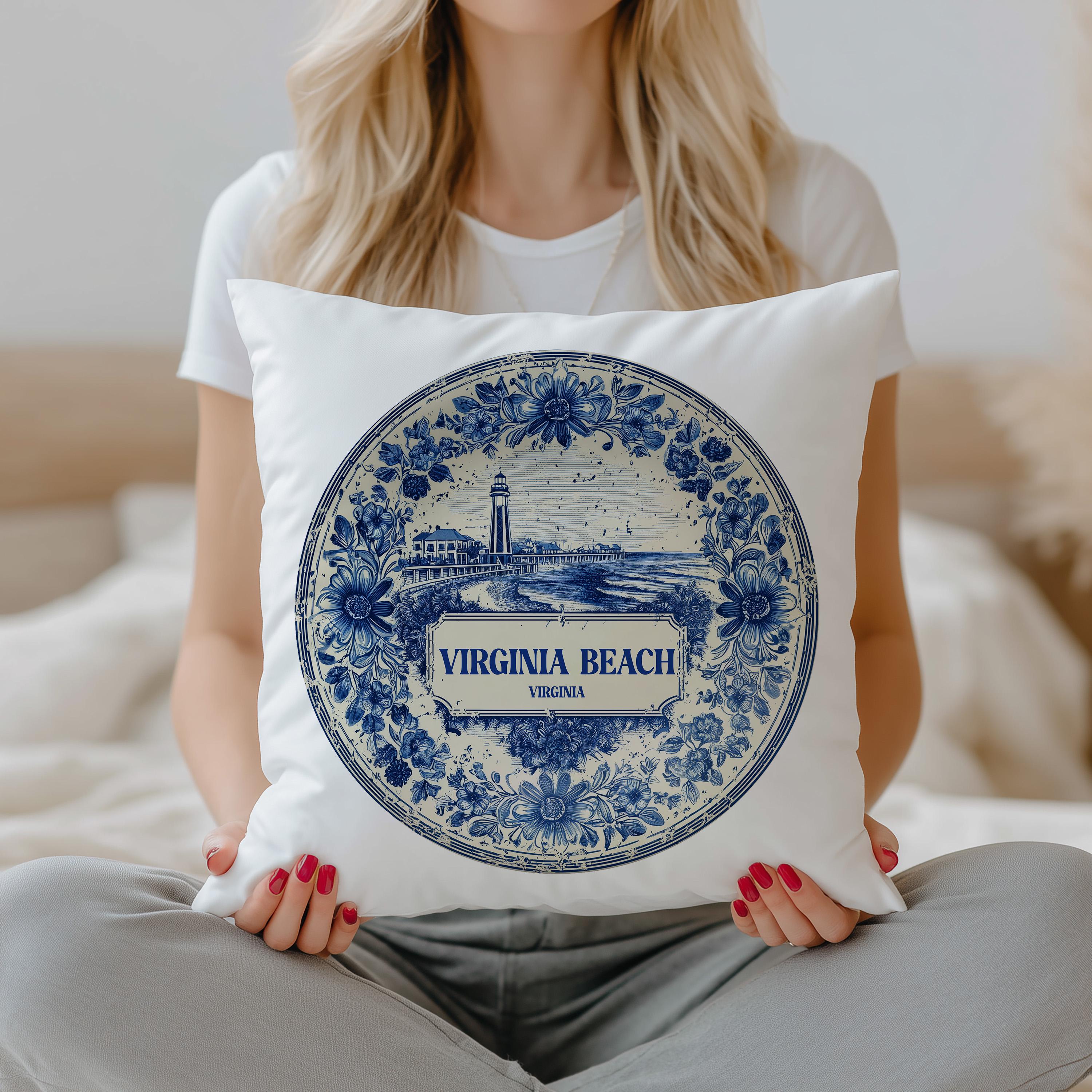 Virginia Beach Virginia Pillowcase, Delft Style Decorative Throw Pillow, Vintage Cityscape Retro Home Decor