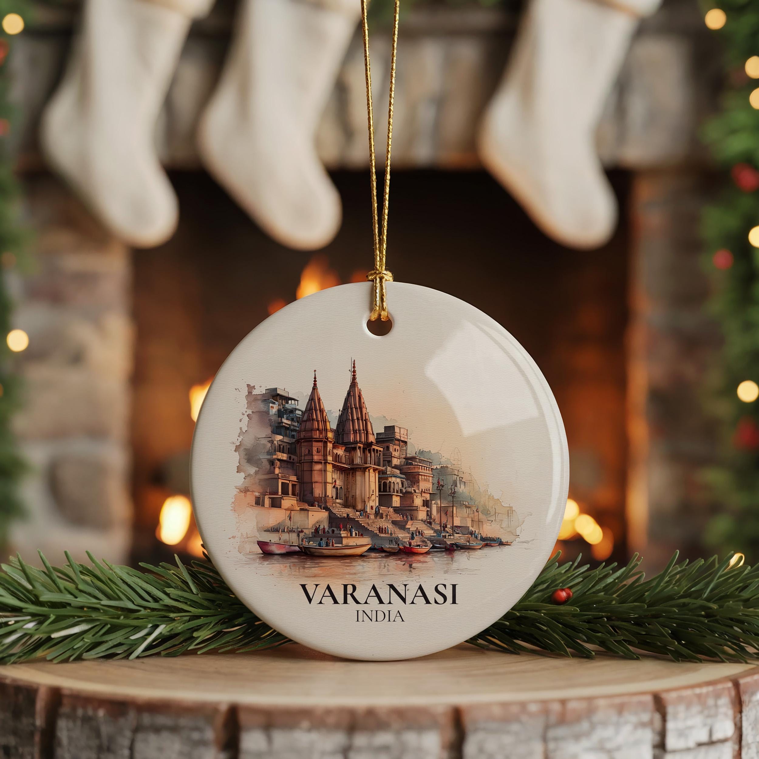 Varanasi India Personalized Watercolor Ornament, Custom Ceramic Christmas gift, Travel Keepsake