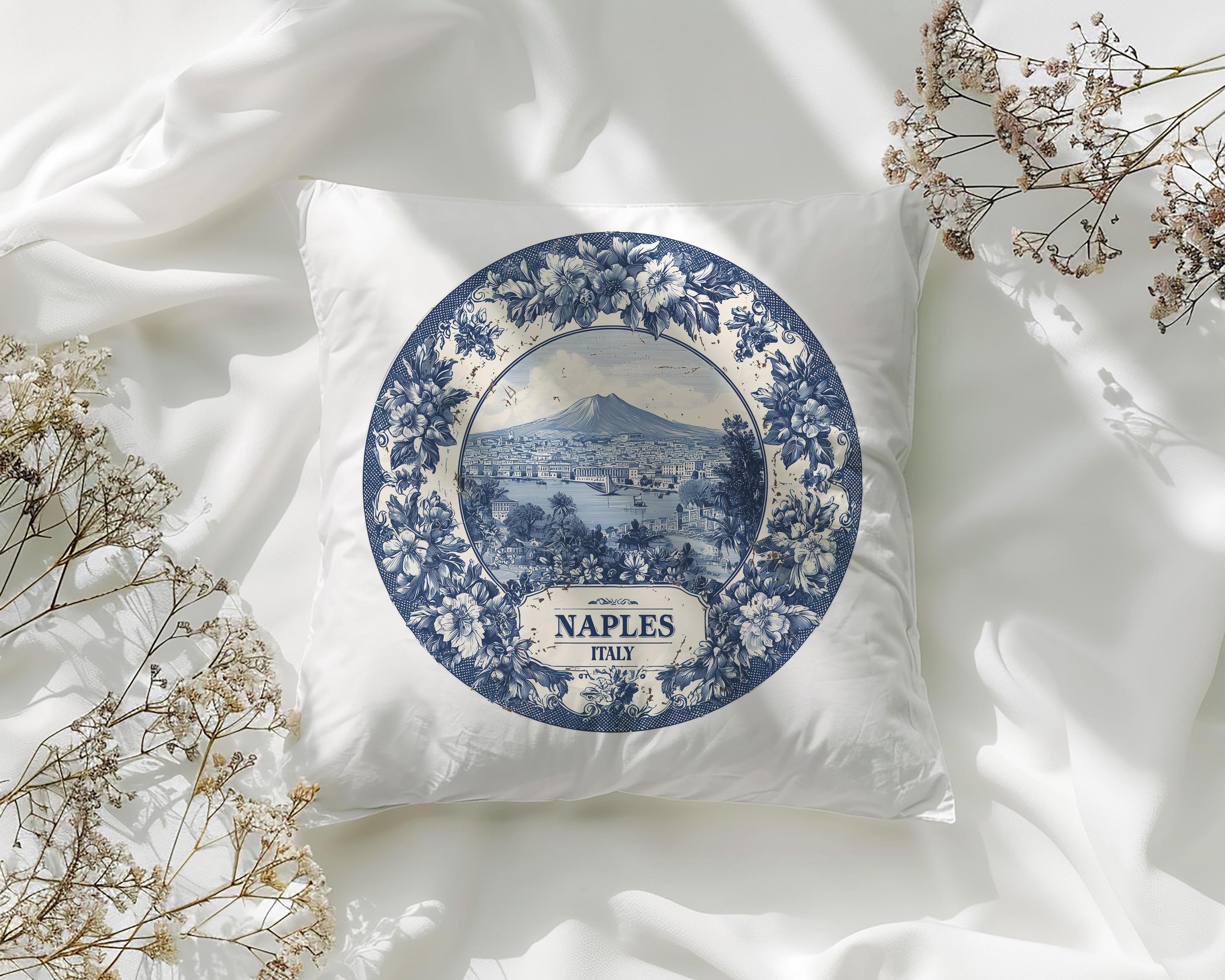 Naples Italy Pillowcase, Delft Style Decorative Throw Pillow, Vintage Cityscape Retro Home Decor