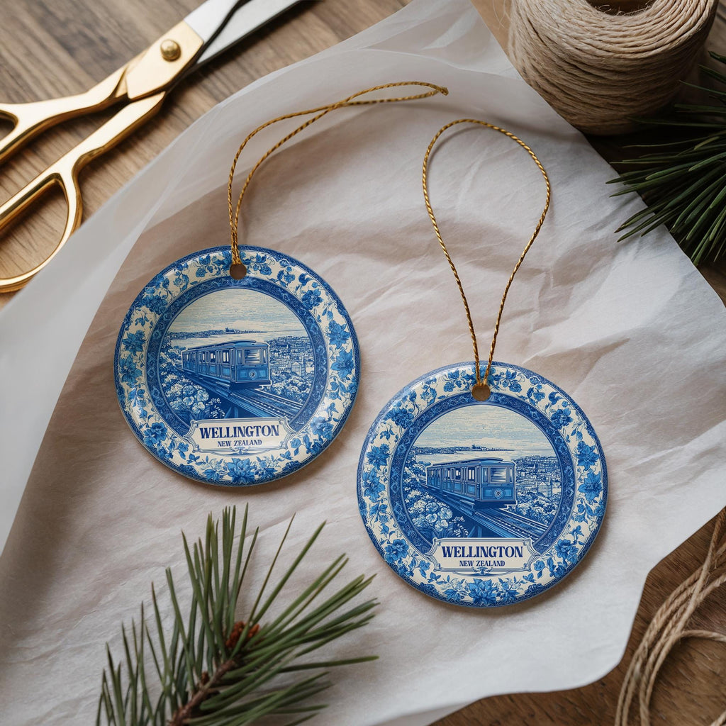 Custom Wellington New Zealand Ceramic Delft Ornament, Christmas Delftware Blue Delftware city travel