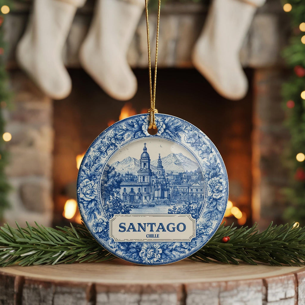 Custom Santiago Chile Ceramic Delft Ornament, Christmas Delftware Blue Delftware city travel