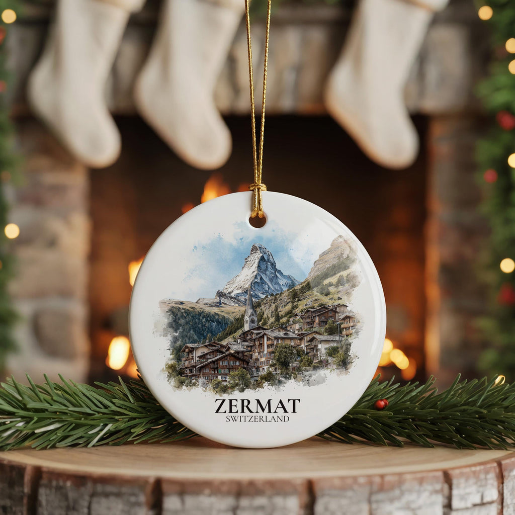 Zermatt Switzerland Personalized Watercolor Ornament, Custom Ceramic Christmas gift, Travel Keepsake