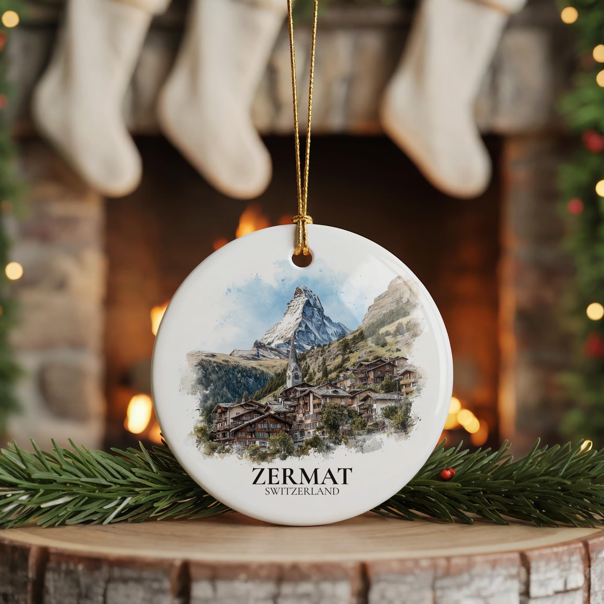 Zermatt Switzerland Personalized Watercolor Ornament, Custom Ceramic Christmas gift, Travel Keepsake