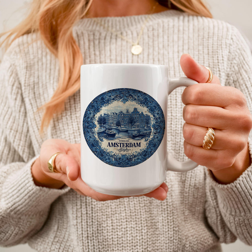 Amsterdam Netherlands Mug, Custom Delft Style cup, Personalized Vintage Travel City Gift