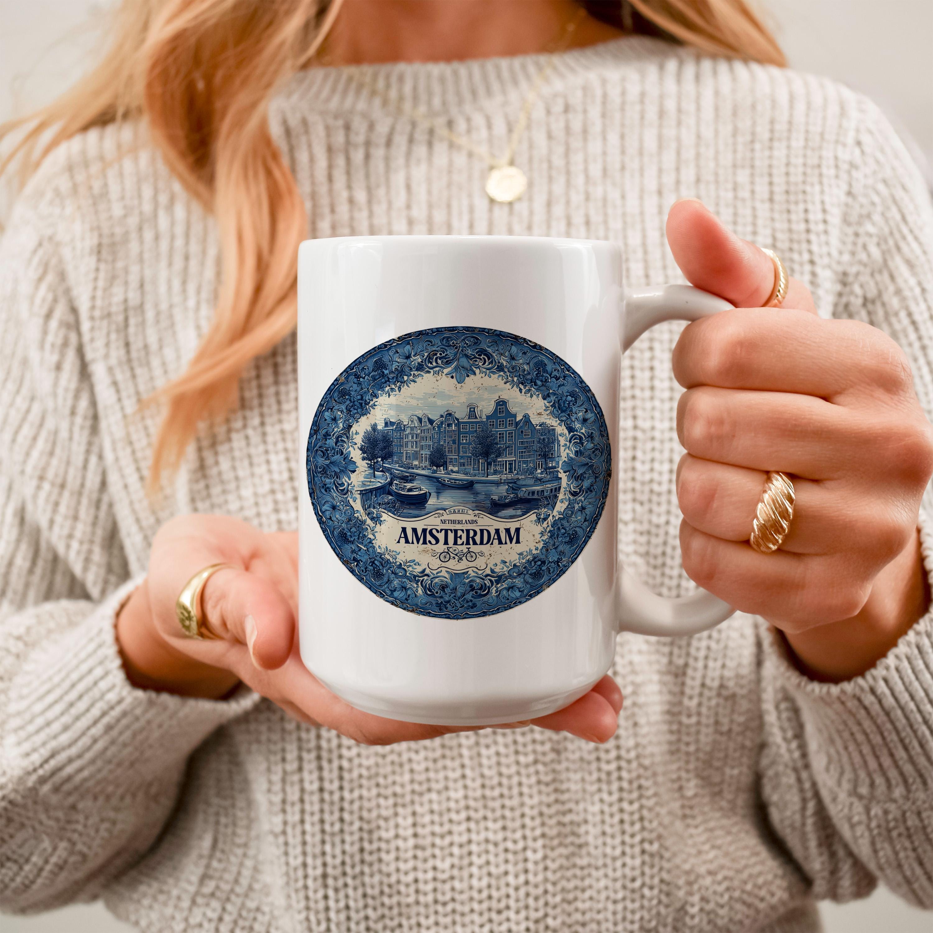 Amsterdam Netherlands Mug, Custom Delft Style cup, Personalized Vintage Travel City Gift