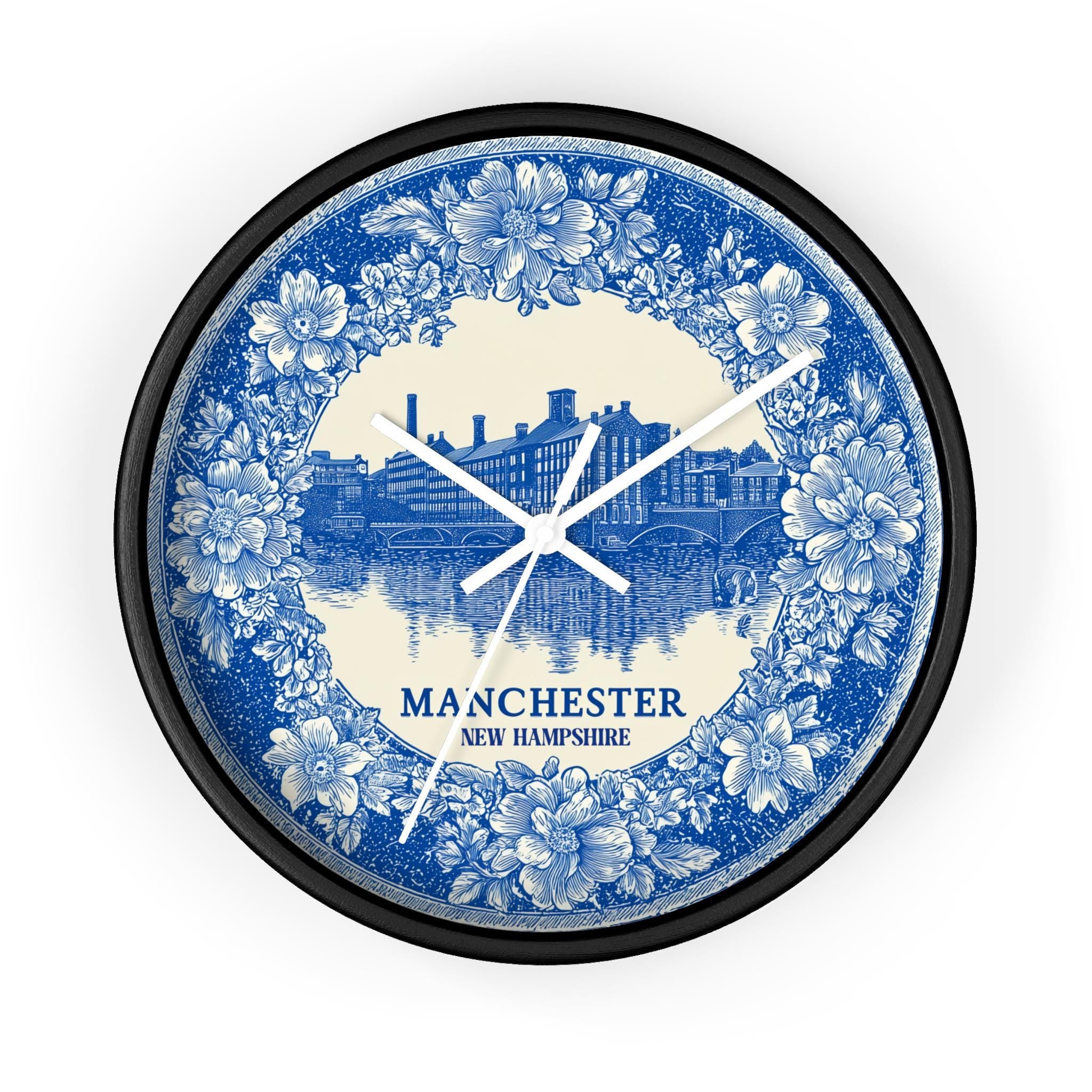 Manchester New Hampshire Wall Clock, Delf style Home Decor, Vintage City Travel Keepsake Art