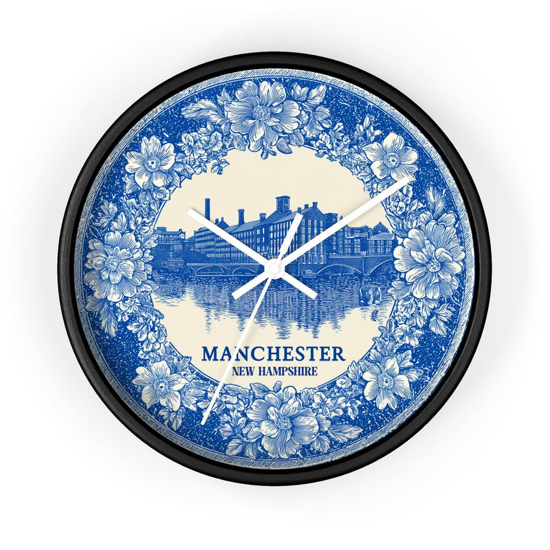 Manchester New Hampshire Wall Clock, Delft style Home Decor, Vintage City Travel Keepsake Art