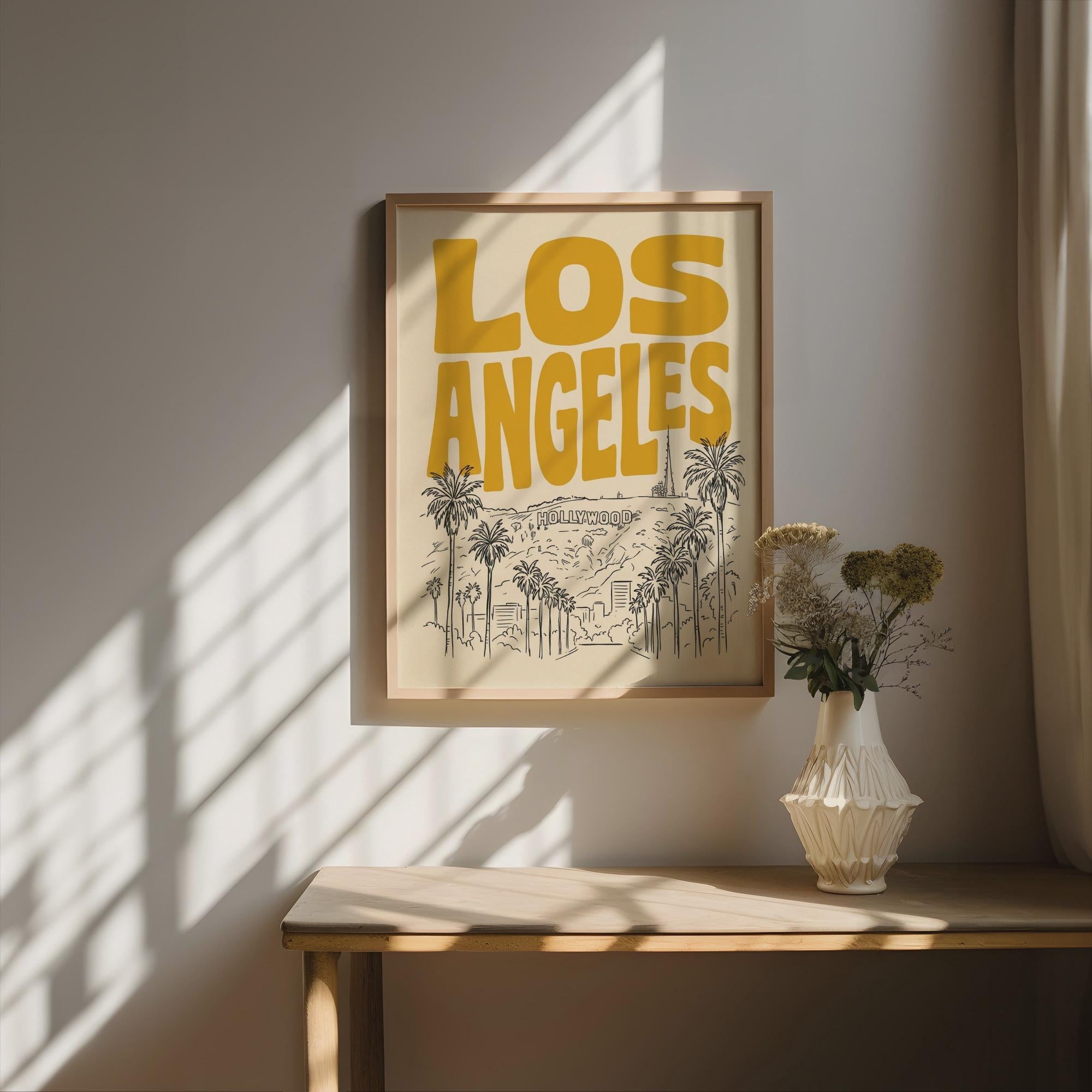 Los Angeles Wall Minimalist Art, Framed Canvas Print, California Skyline Retro City Decor