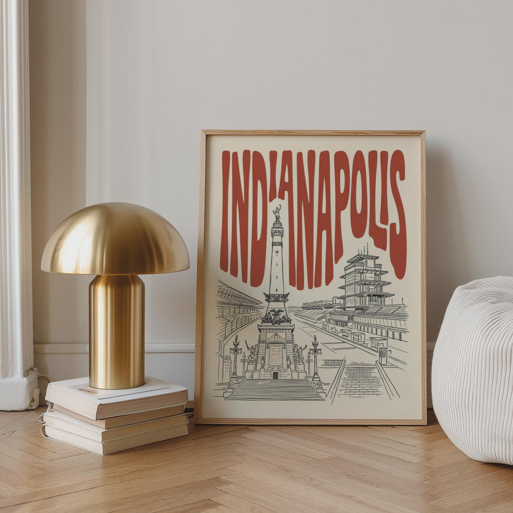 Indianapolis Wall Art, Minimalist Retro Skyline Framed Canvas Print, Indiana Home Decor
