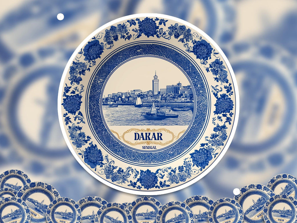 Dakar Senegal Sticker Vintage Delft style, Delftware Decal Waterproof Vinyl, Blue City Travel