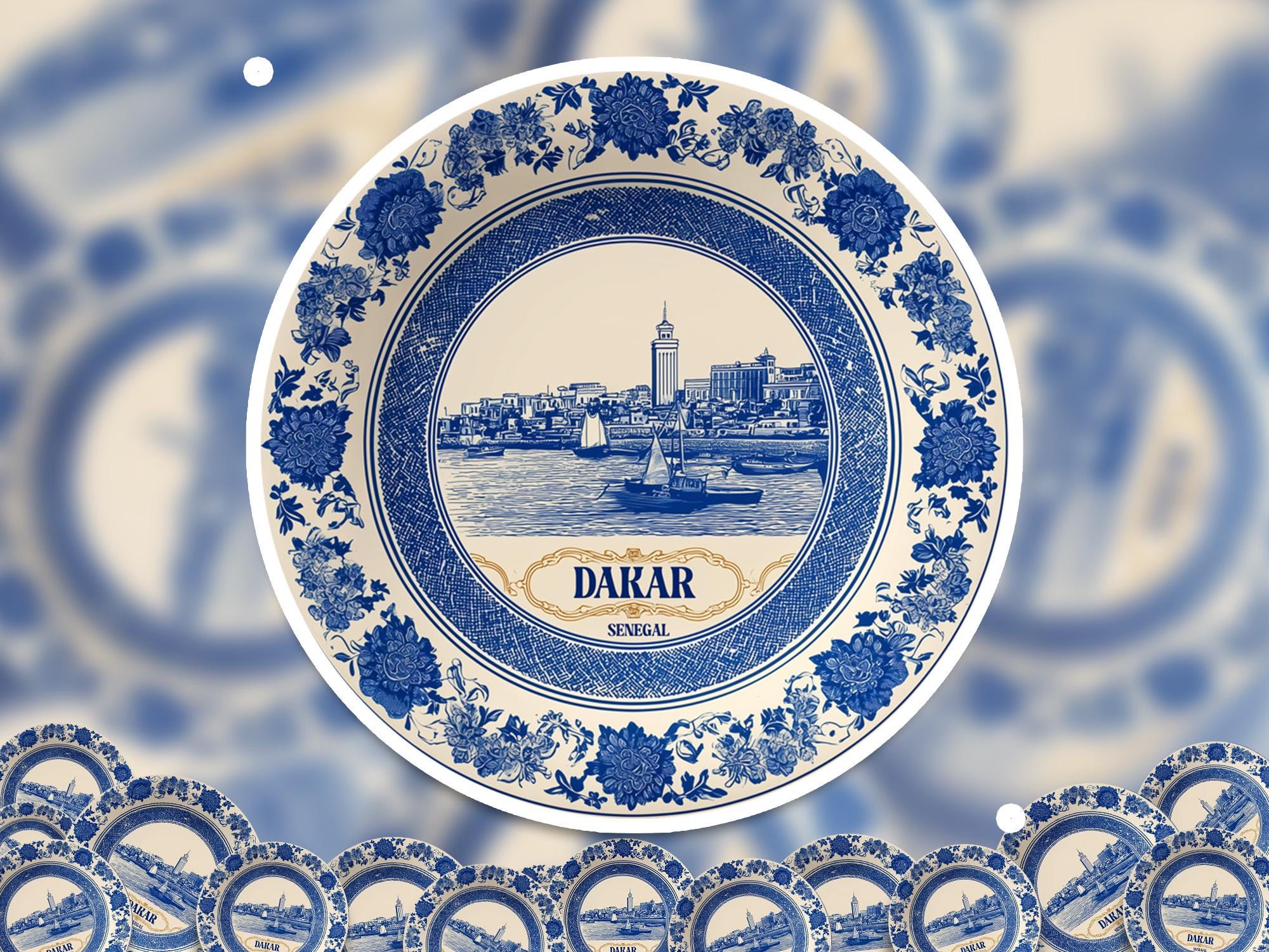 Dakar Senegal Sticker Vintage Delft style, Delftware Decal Waterproof Vinyl, Blue City Travel
