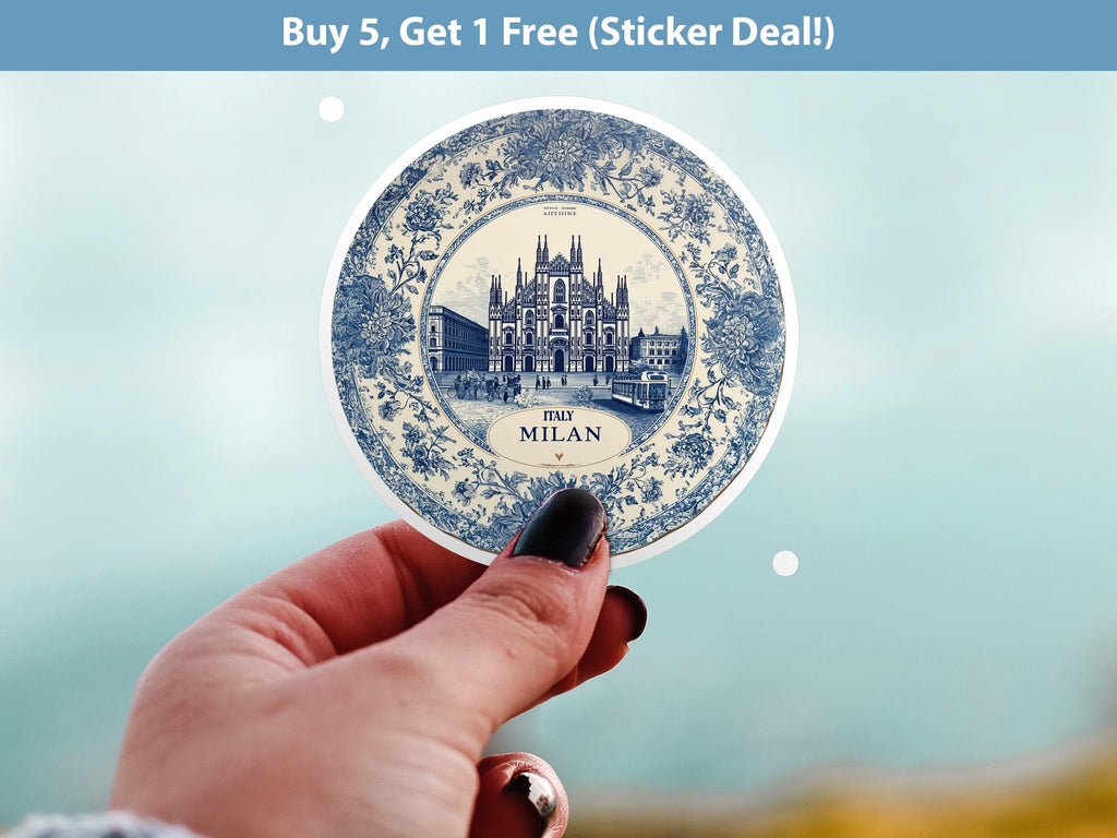 Milan Italy Sticker Vintage Delft style, Delftware Decal Waterproof Vinyl, Blue City Travel