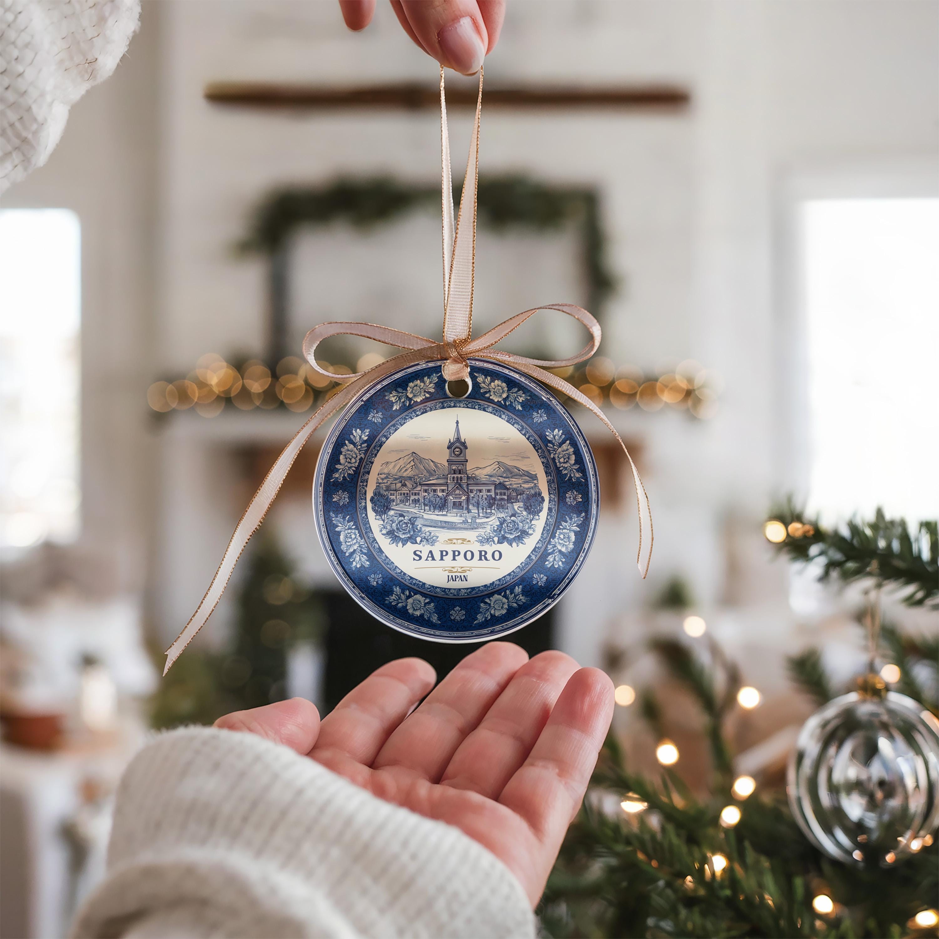 Custom Sapporo Japan Ceramic Delft Ornament, Christmas Delftware Blue Delftware city travel
