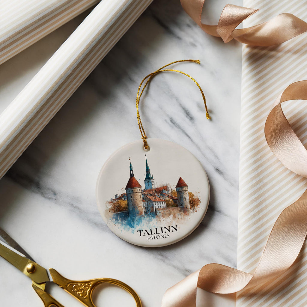 Tallinn Estonia Personalized Watercolor Ornament, Custom Ceramic Christmas gift, Travel Keepsake