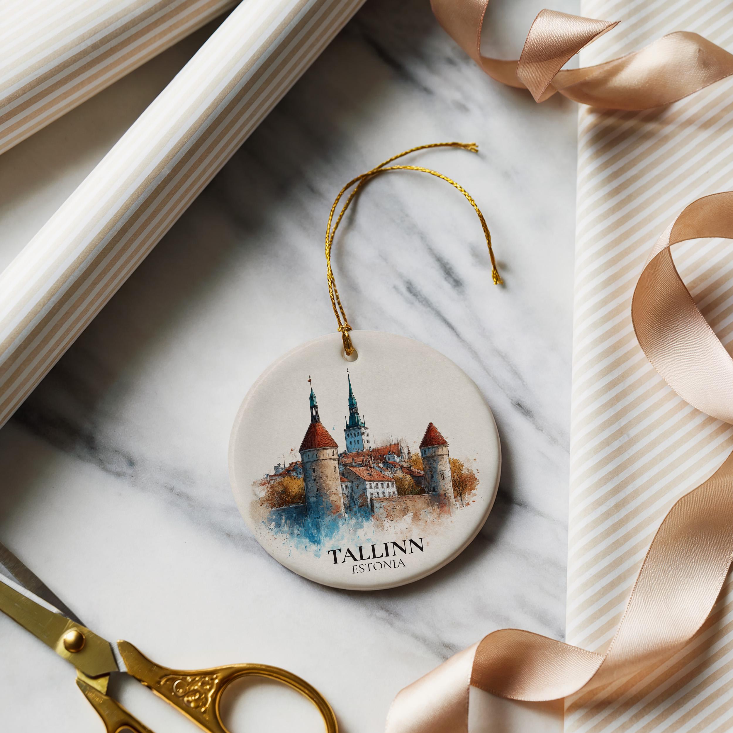 Tallinn Estonia Personalized Watercolor Ornament, Custom Ceramic Christmas gift, Travel Keepsake