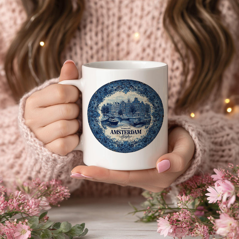 Amsterdam Netherlands Mug, Custom Delft Style cup, Personalized Vintage Travel City Gift
