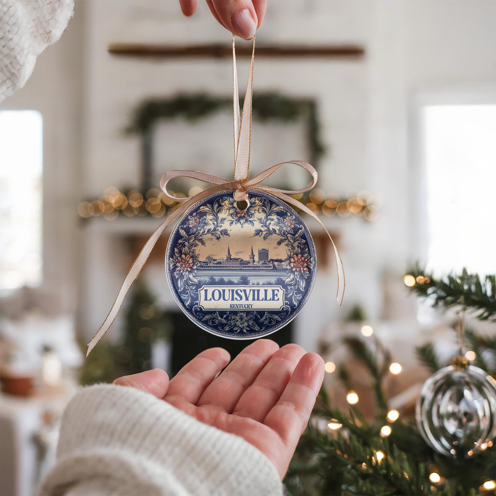 Custom Louisville Kentucky Ceramic Delft Ornament, Christmas Delftware Blue Delftware city travel