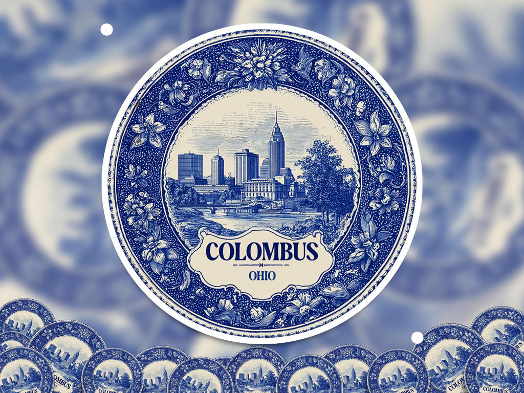 Columbus Ohio Sticker Vintage Delft style, Delftware Decal Waterproof Vinyl, Blue City Travel USA
