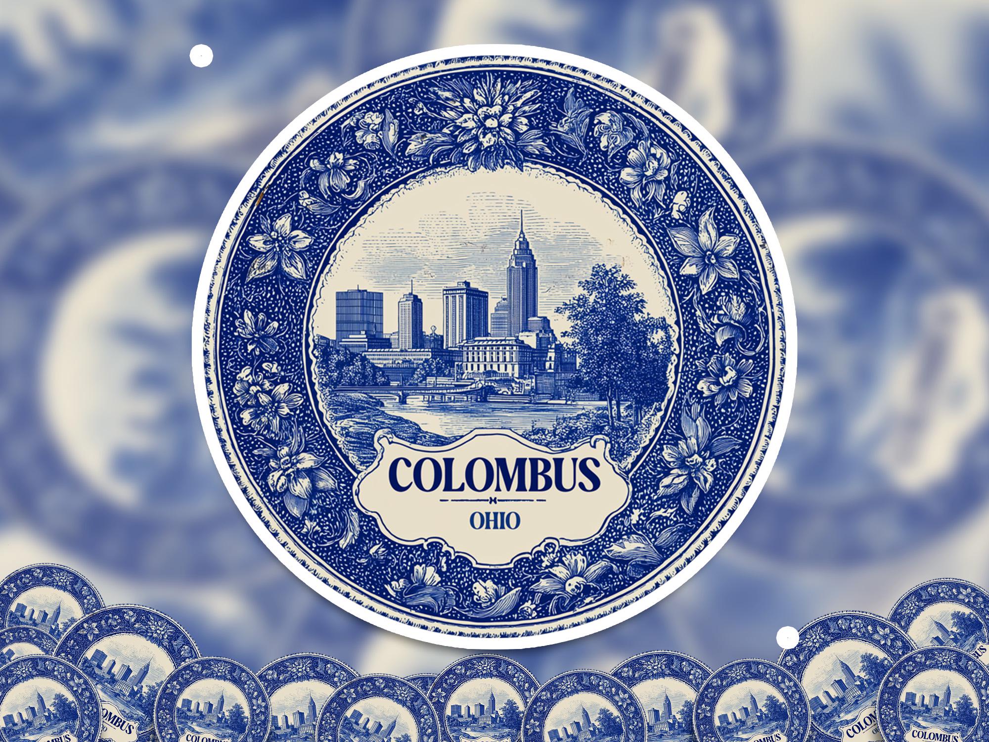 Columbus Ohio Sticker Vintage Delft style, Delftware Decal Waterproof Vinyl, Blue City Travel USA