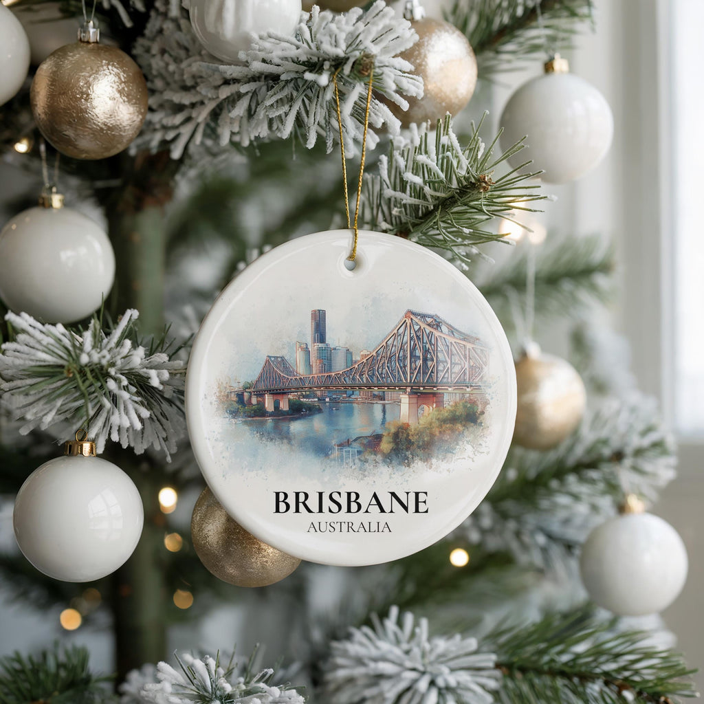 Brisbane Australia Personalized Watercolor Ornament, Custom Ceramic Christmas gift, Travel Keepsake