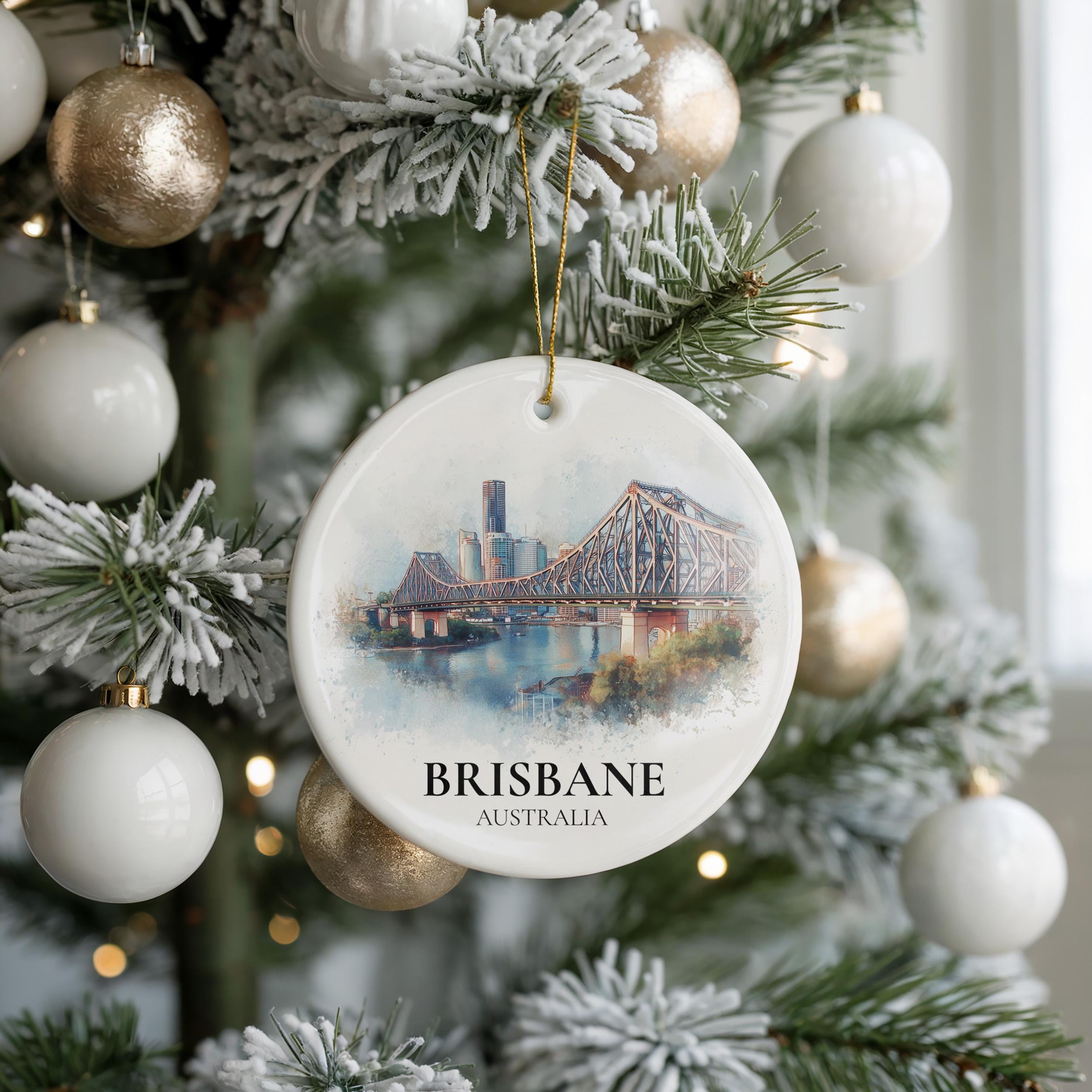 Brisbane Australia Personalized Watercolor Ornament, Custom Ceramic Christmas gift, Travel Keepsake
