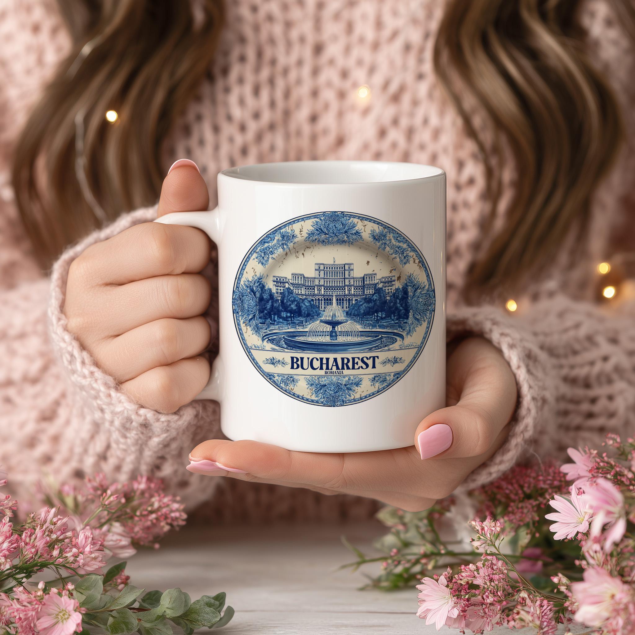 Bucharest Romania Mug, Custom Delft Style cup, Personalized Vintage Travel City Gift
