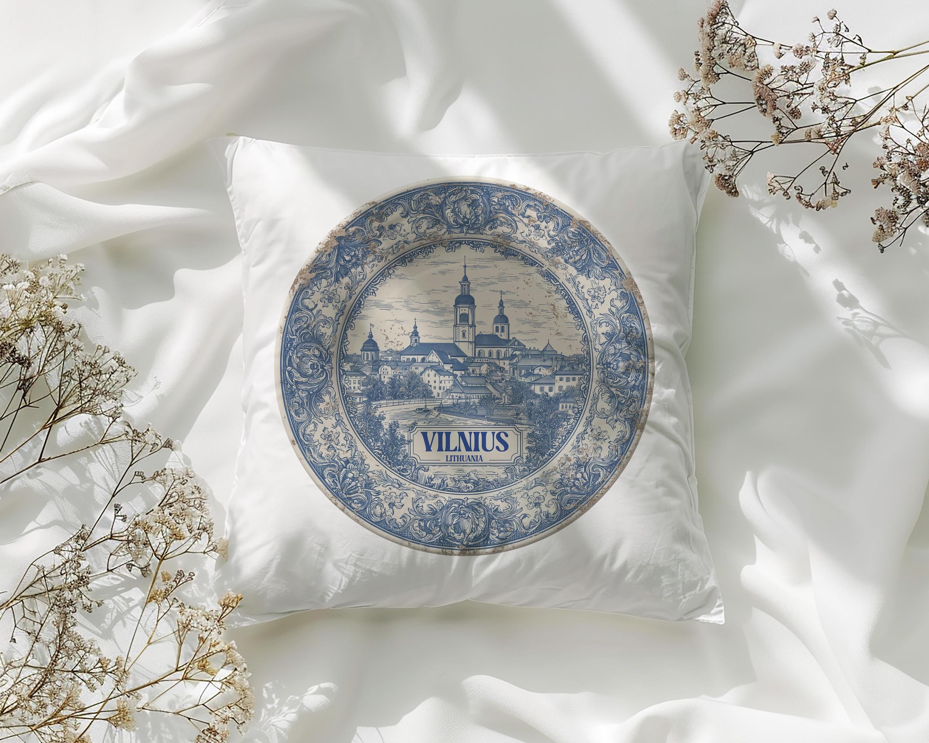 Vilnius Lithuania Pillowcase, Delft Style Decorative Throw Pillow, Vintage Cityscape Retro Home Decor