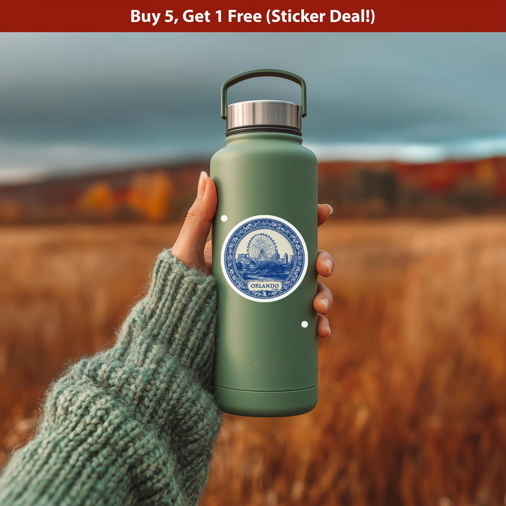 Orlando Florida Sticker Vintage Delft style, Delftware Decal Waterproof Vinyl, Blue City Travel