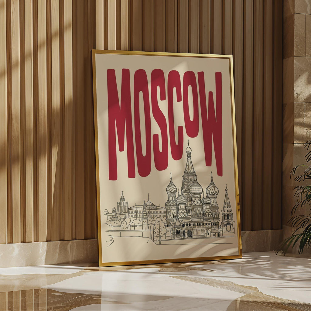 Moscow Skyline Wall Art, Framed Canvas Print, Retro Travel Poster Decor