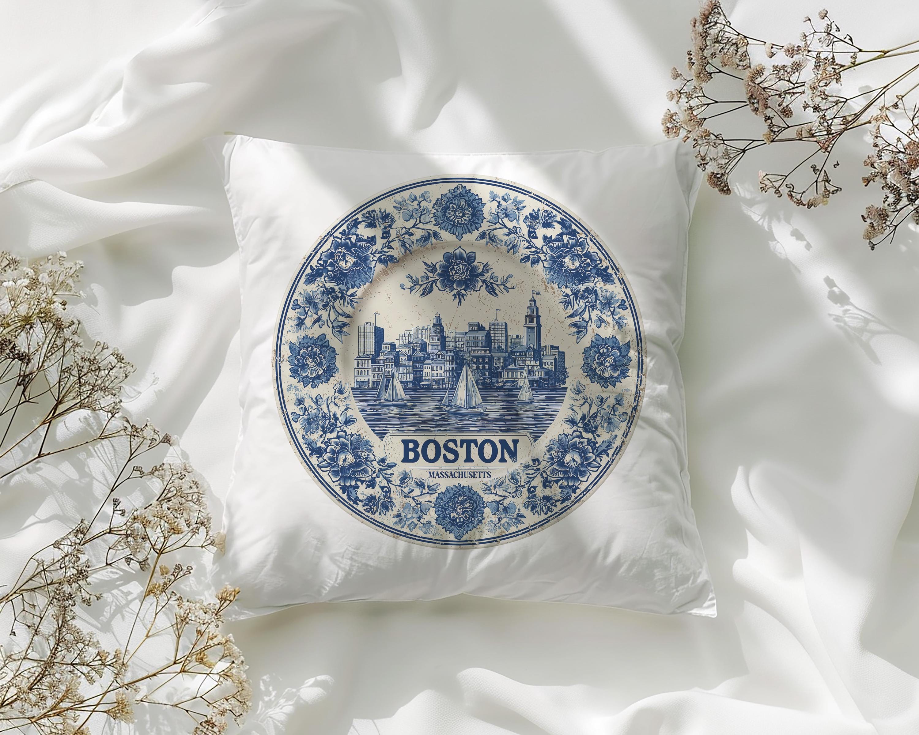 Boston Massachusetts Pillowcase, Delft Style Decorative Throw Pillow, Vintage Cityscape Retro Home Decor
