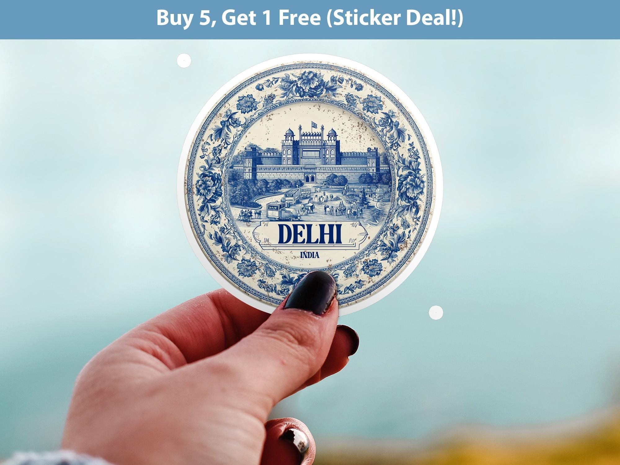 Delhi India Sticker Vintage Delft style, Delftware Decal Waterproof Vinyl, Blue City Travel