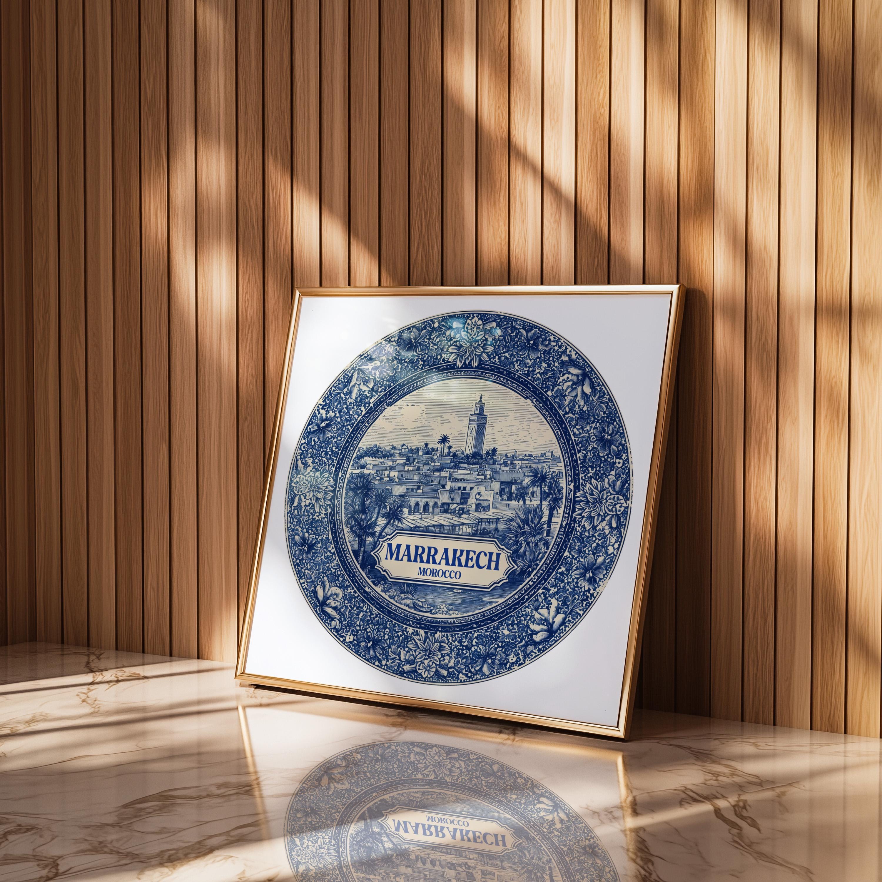 Marrakech Morocco Wall Art, Vintage Delft Blue Poster, City Print, Travel Home Decor