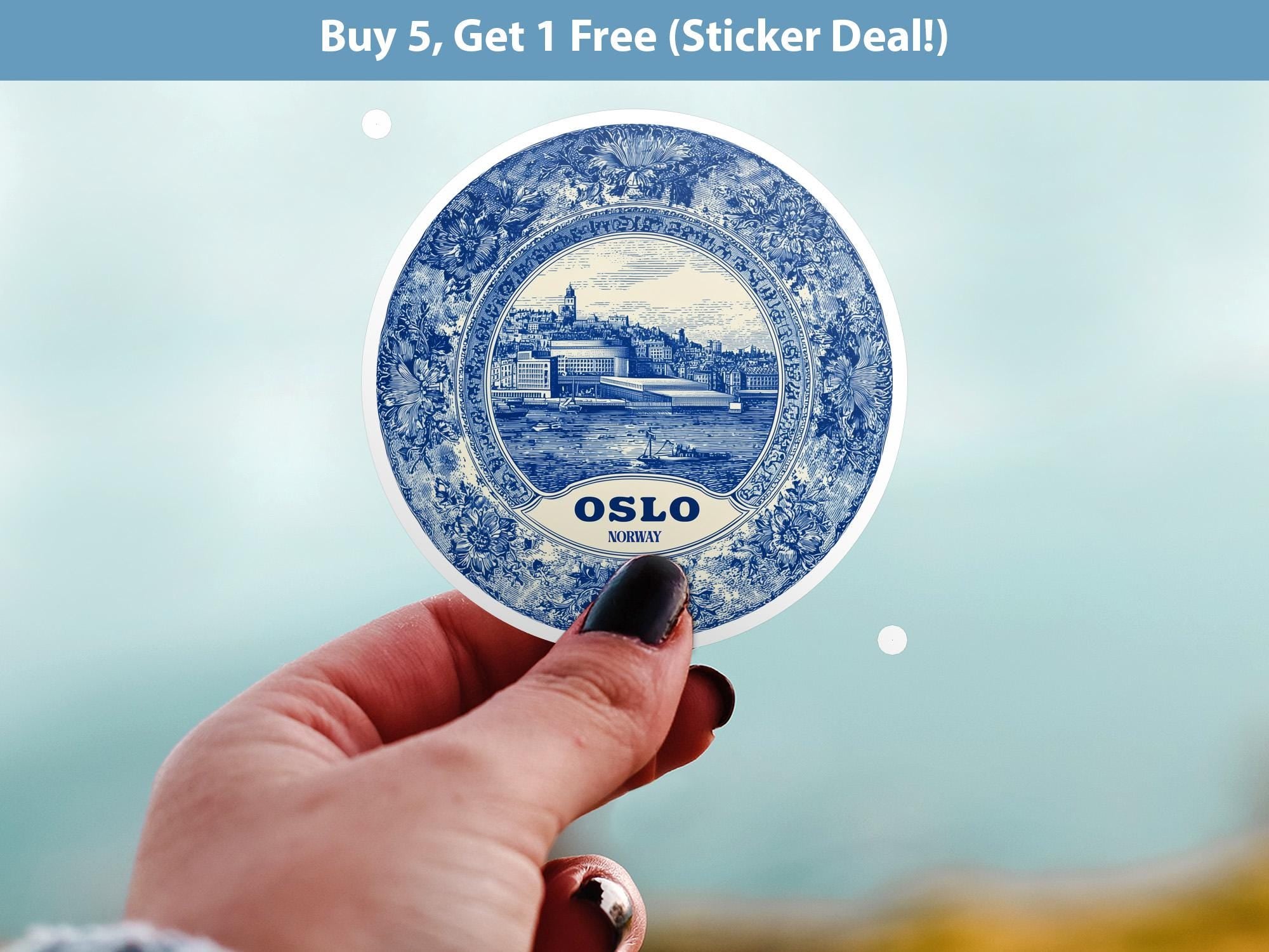 Oslo Norway Sticker Vintage Delft style, Delftware Decal Waterproof Vinyl, Blue City Travel