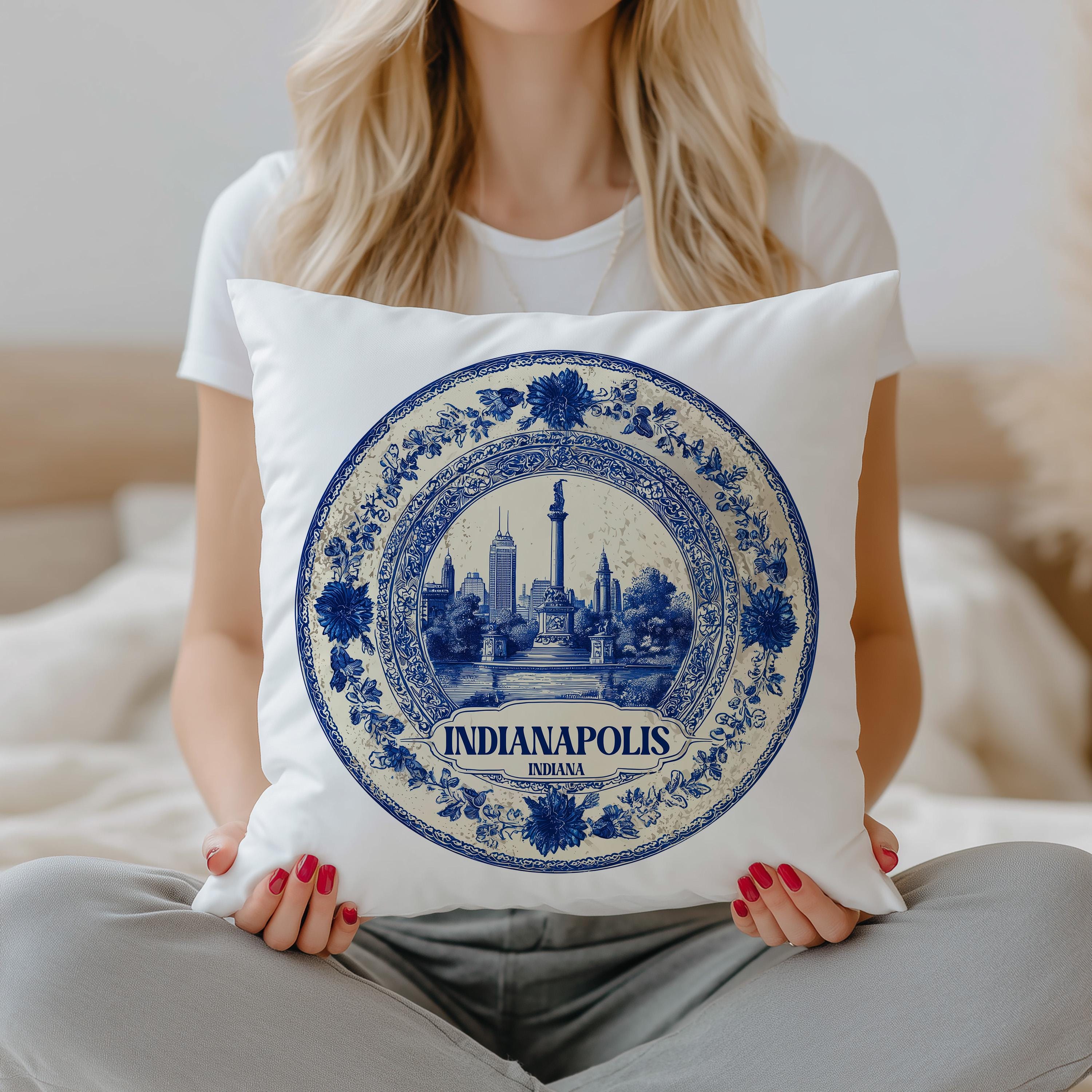 Indianapolis Indiana Pillowcase, Delft Style Decorative Throw Pillow, Vintage Cityscape Retro Home Decor