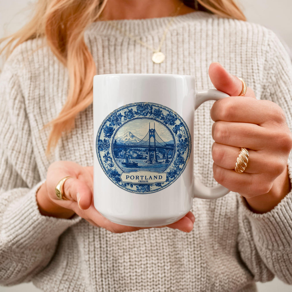 Portland Oregon Mug, Custom Delft Style cup, Personalized Vintage Travel City Gift