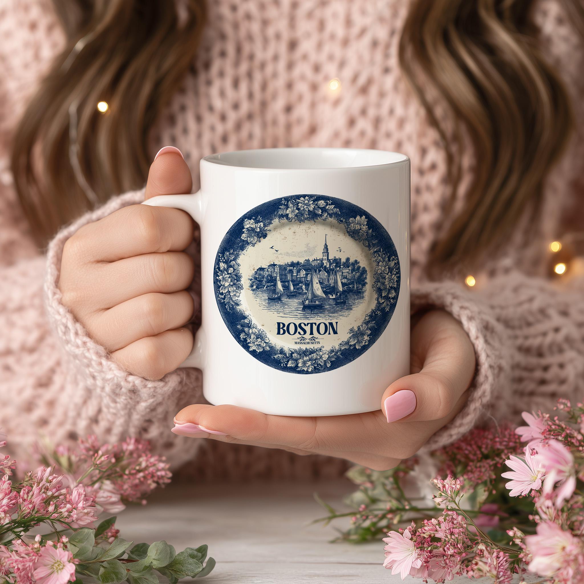 Boston Massachusetts Custom Mug, Delft Style cup, Personalized Vintage Travel City Gift
