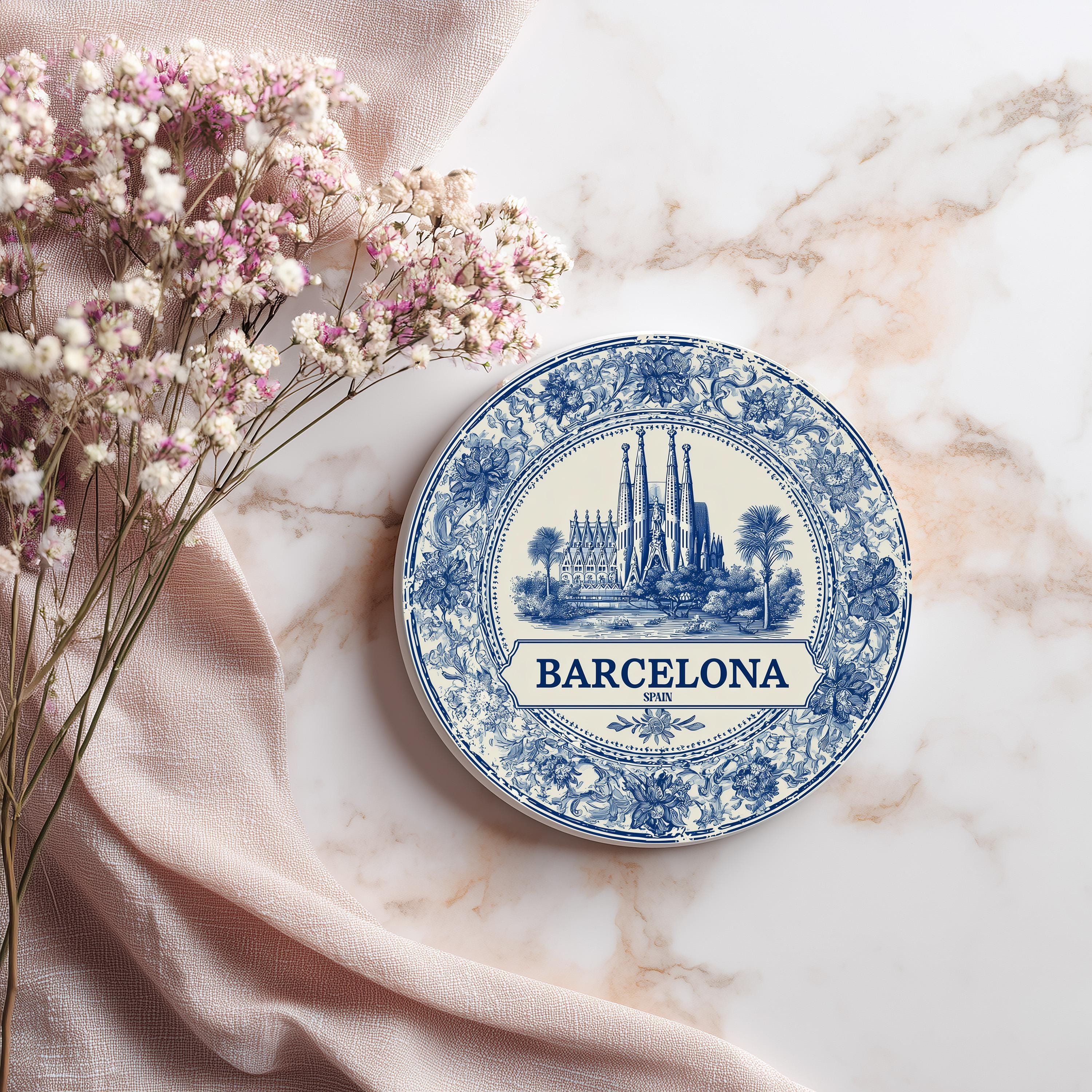 Barcelona Spain Delftware Ceramic Coaster, Blue White Travel Gift, Vintage Home Decor Collectible