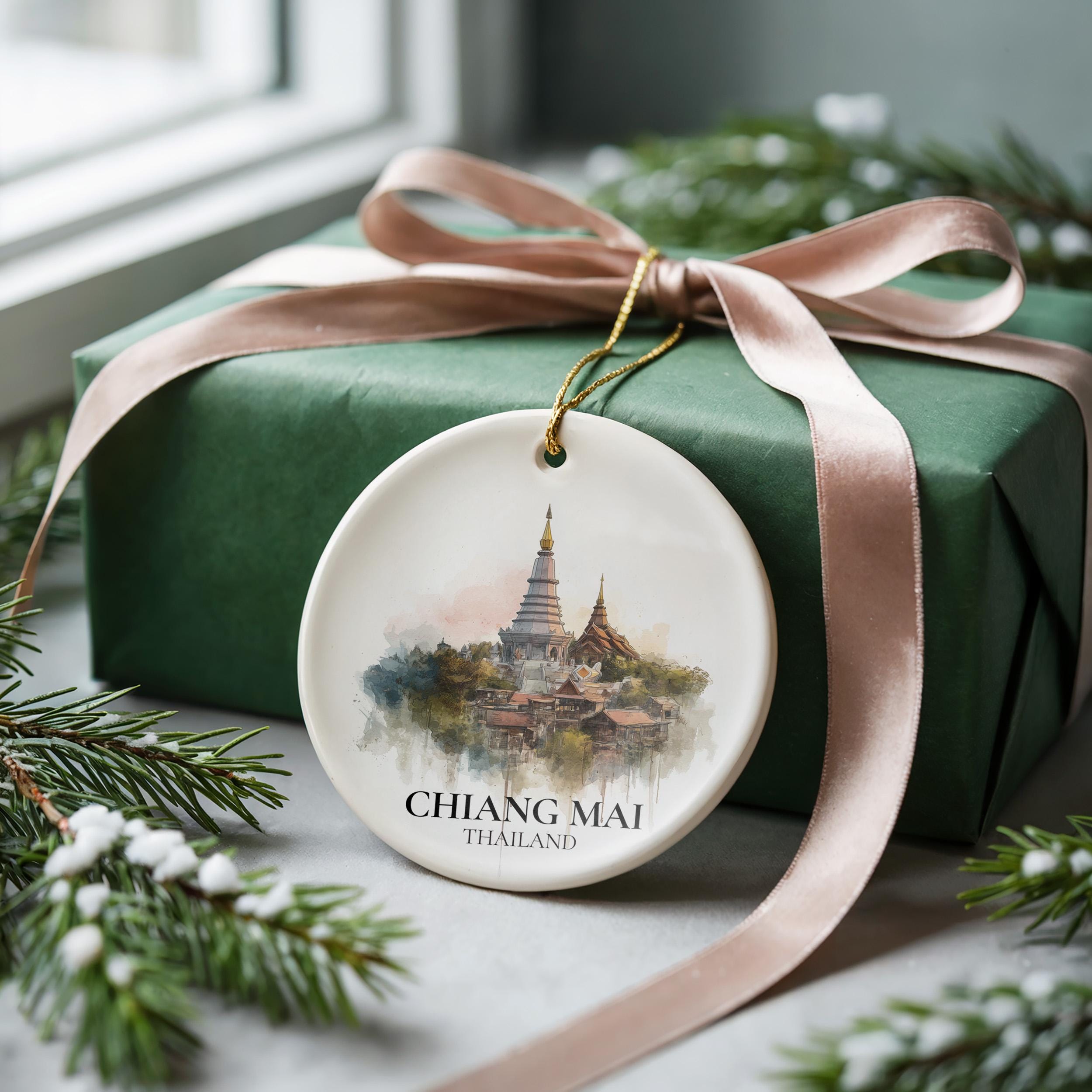 Chiang Mai Thailand Personalized Watercolor Ornament, Custom Ceramic Christmas gift, Travel Keepsake