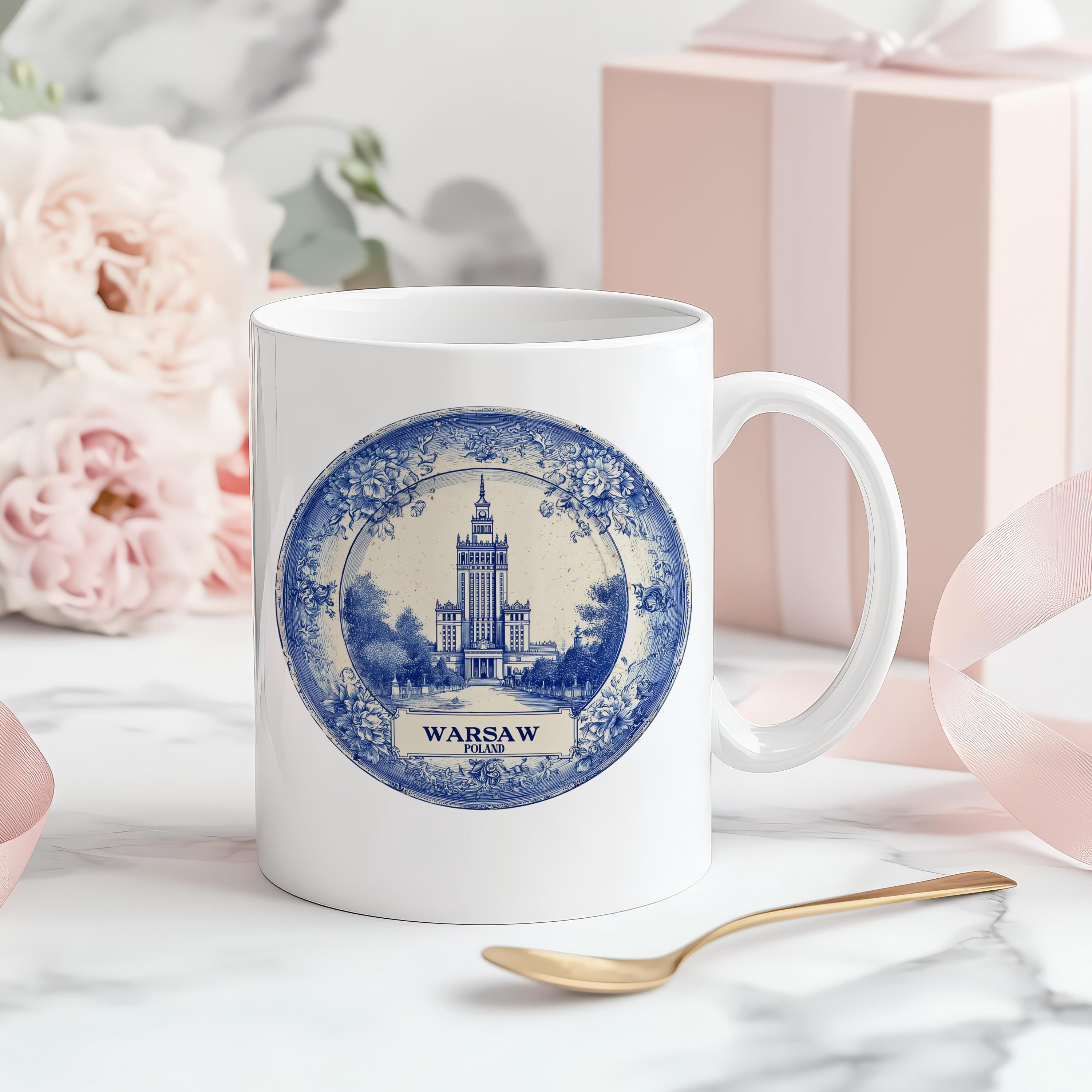 Warsaw Poland Mug, Custom Delft Style cup, Personalized Vintage Travel City Gift