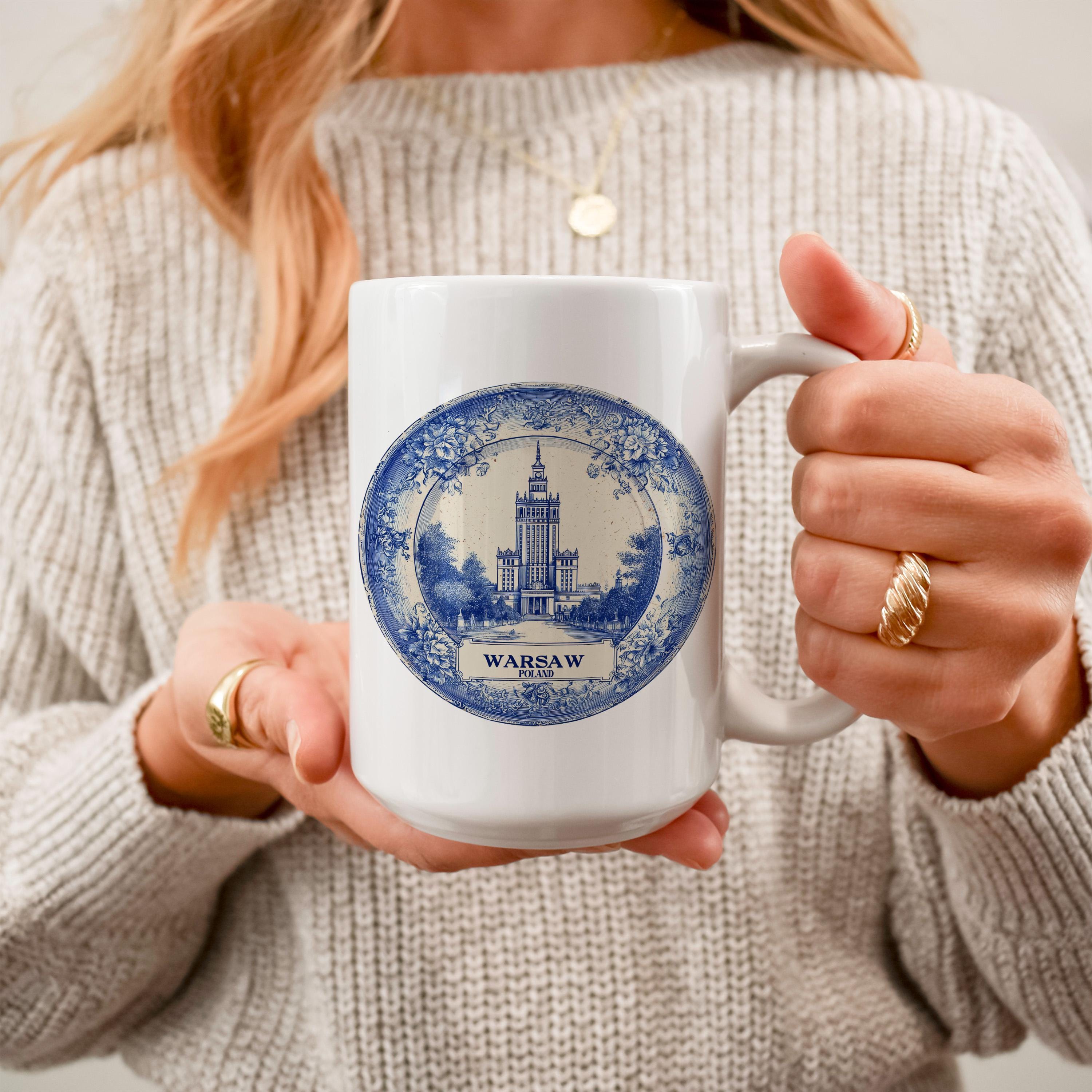 Warsaw Poland Mug, Custom Delft Style cup, Personalized Vintage Travel City Gift