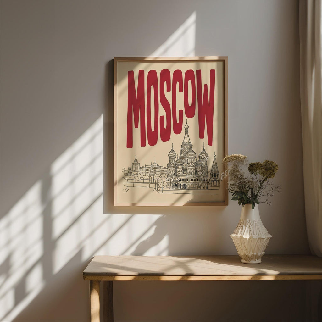 Moscow Skyline Wall Art, Framed Canvas Print, Retro Travel Poster Decor