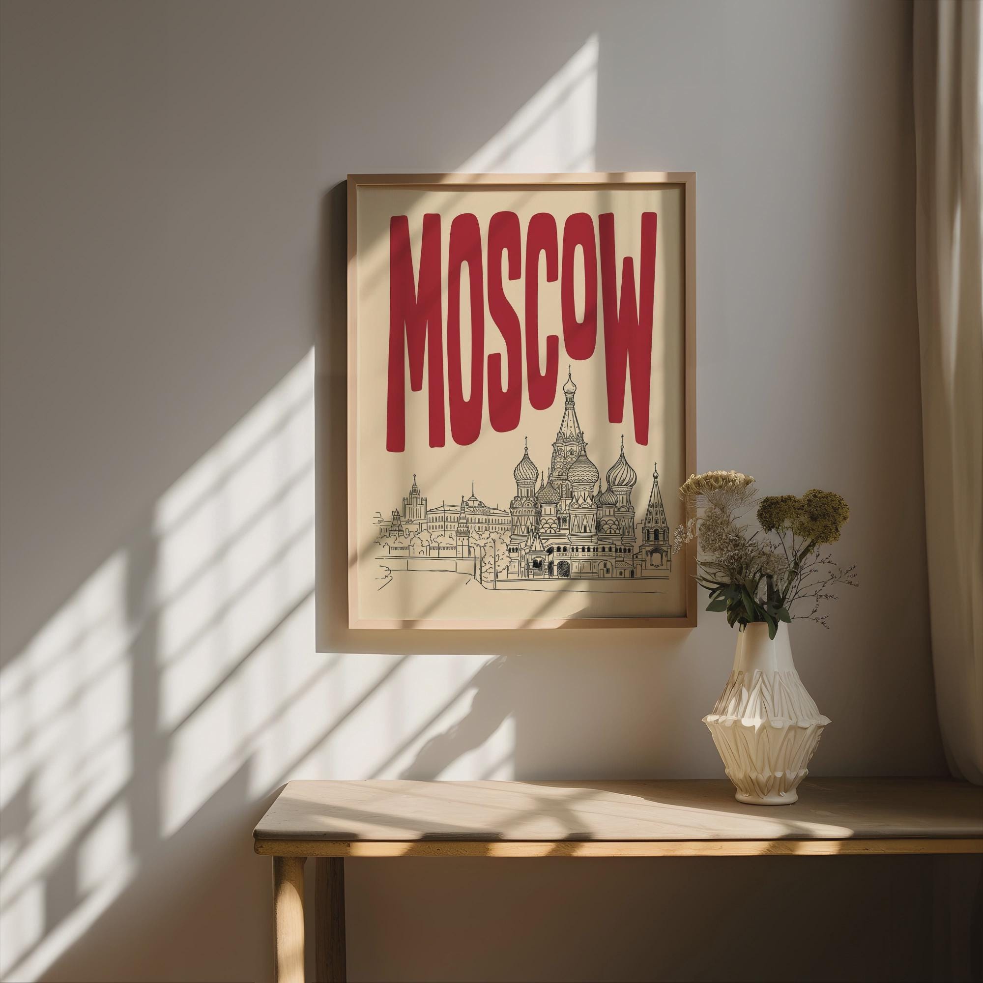 Moscow Skyline Wall Art, Framed Canvas Print, Retro Travel Poster Decor