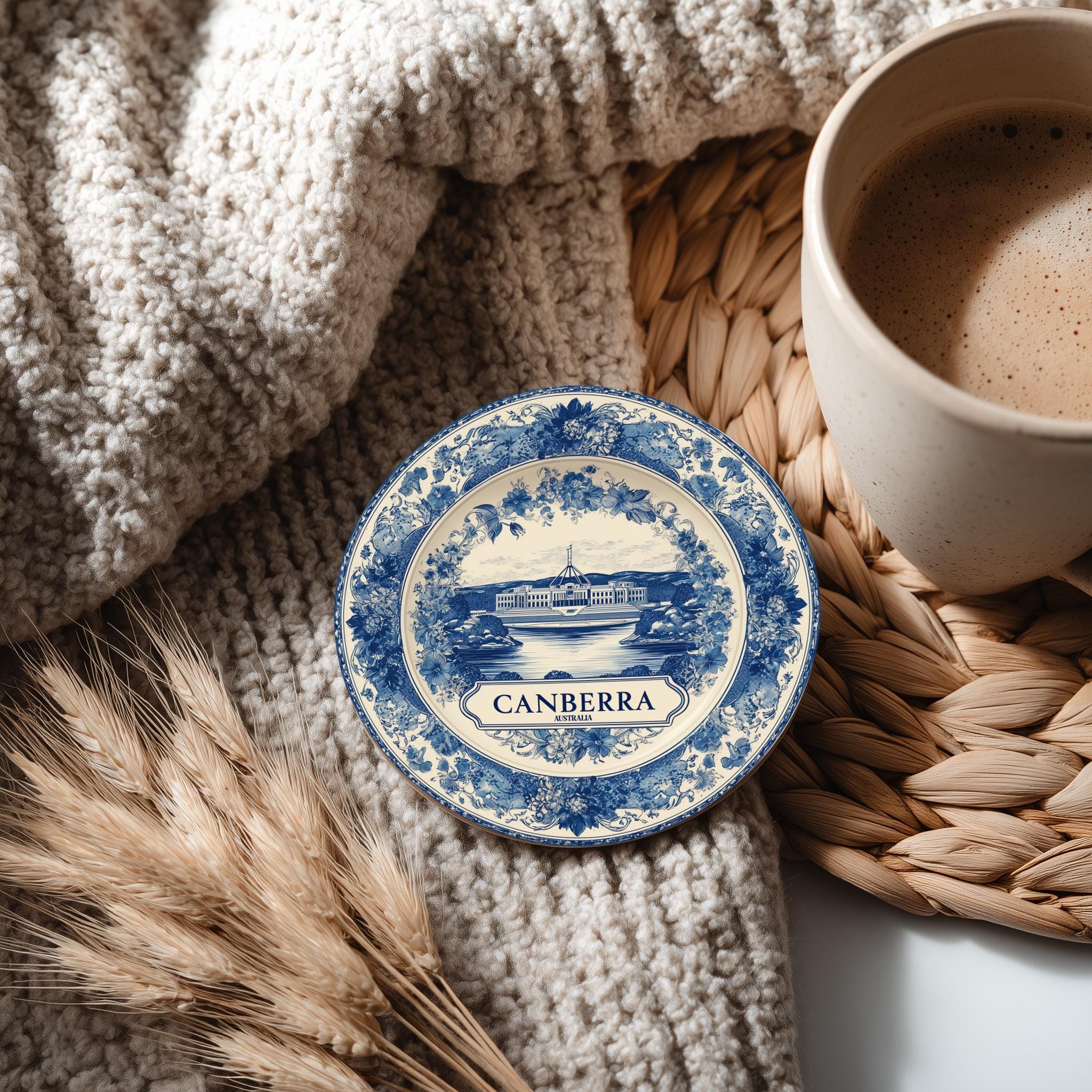 Canberra Australia Delftware Ceramic Coaster, Blue White Travel Gift, Vintage Home Decor Collectible