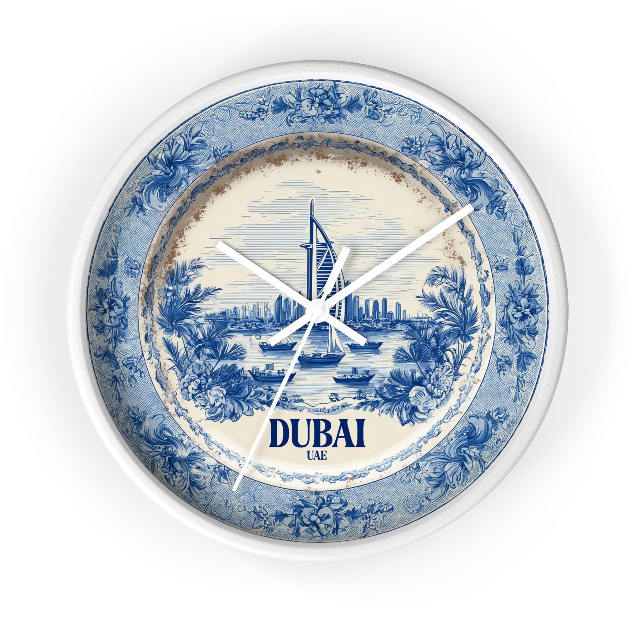 Dubai UAE Wall Clock, Delf style Home Decor, Vintage City Travel Keepsake Art