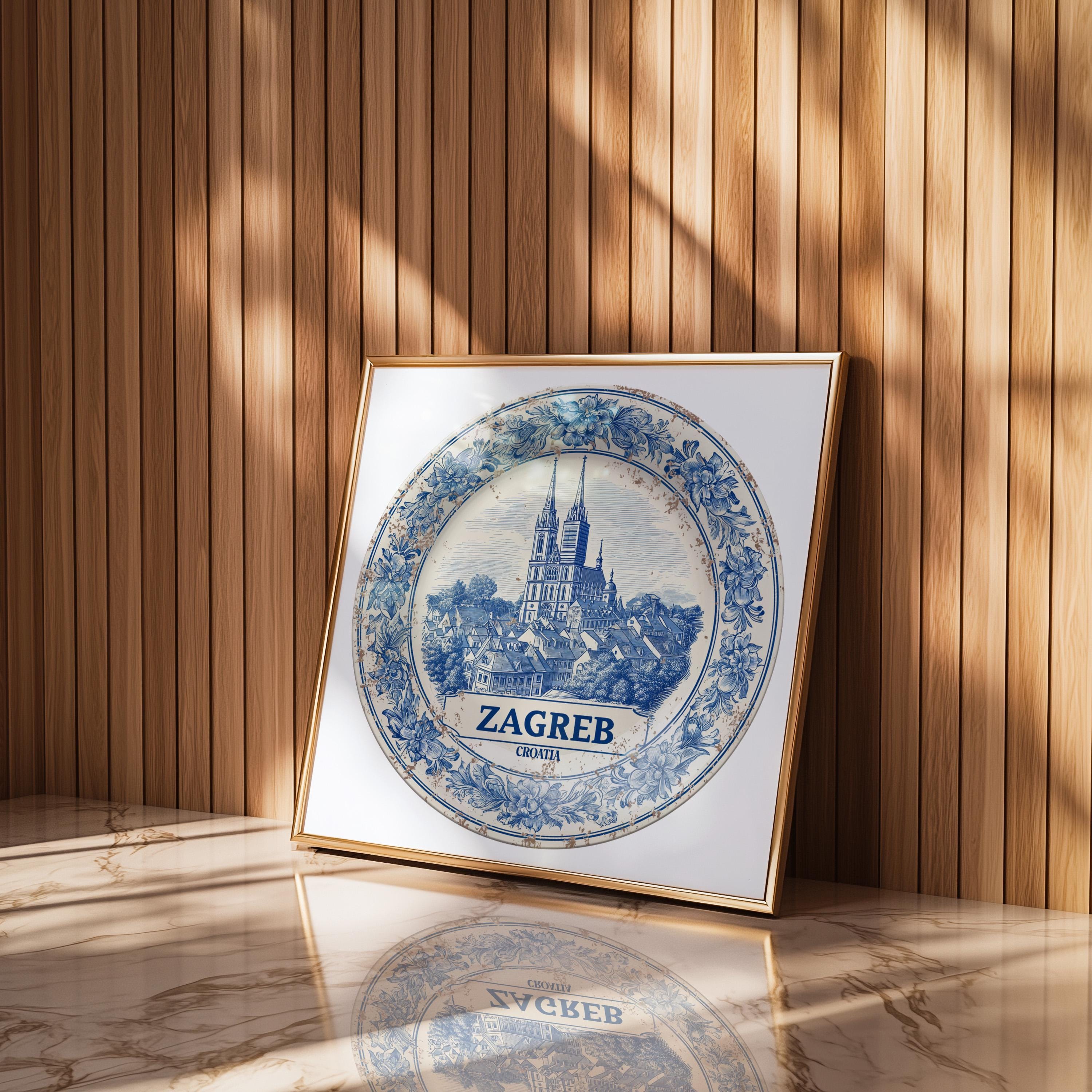 Zagreb Croatia Wall Art, Vintage Delft Blue Poster, City Print, Travel Home Decor