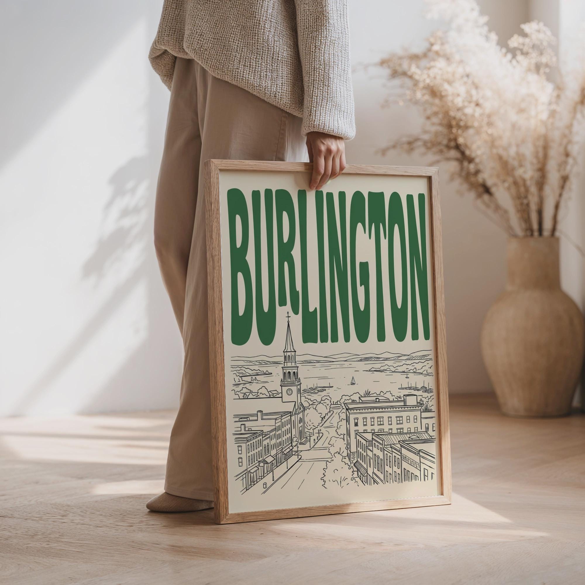 Burlington Vermont Skyline Wall Art, Framed Canvas Print, Retro Travel Decor