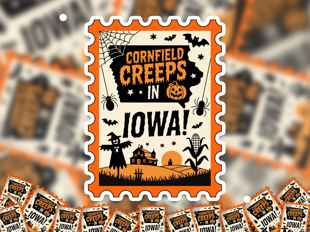 Iowa Stamp Halloween Sticker, Spooky USA Kiss-Cut Vinyl, Waterproof Decal, United States Travel